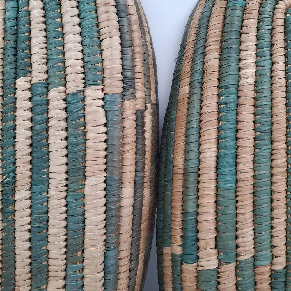 Set Of 2 Hand Woven African Hausa Style‎ Coiled Grass Nesting Baskets Green Tan